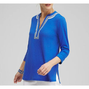 Chico's Stretch Linen Embellished Tunic Top Size Large /2 Blue Knit 3/4 Sleeve
